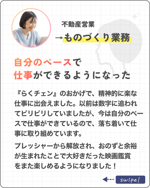 不動産営業→ものづくり業務自分のペースで仕事ができるようになった『らくチェン』のおかげで、精神的に余裕を持てる職場に出会えました。以前は数字に追われてピリピリしていましたが、今は自分のペースで仕事ができているので、落ち着いて仕事に取り組めています。プレッシャーから解放され、おのずと余裕が生まれたことで大好きだった映画鑑賞をまた楽しめるようになりました！