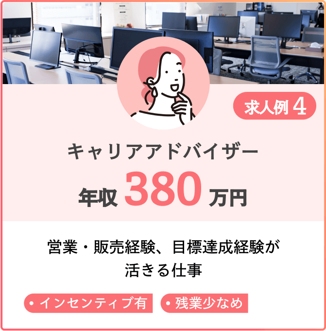 求人例4 キャリアアドバイザー 年収380万円 営業・販売経験、目標達成経験が活きる仕事