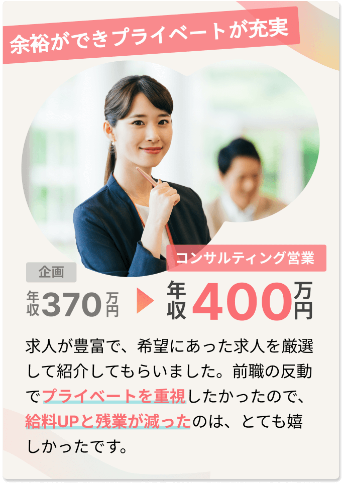 余裕ができプライベートが充実 求人が豊富で、希望にあった求人を厳選して紹介してもらいました。前職の反動でプライベートを重視したかったので、給料UPと残業が減ったのは、とても嬉しかったです。