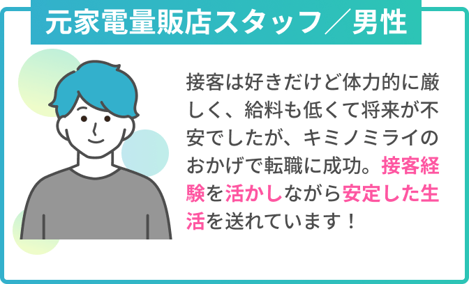 元家電量販店スタッフ／男性　接客は好きだけど体力的に厳しく、給料も低くて将来が不安でしたが、キミノミライのおかげで転職に成功。接客経験を活かしながら安定した生活を送れています！