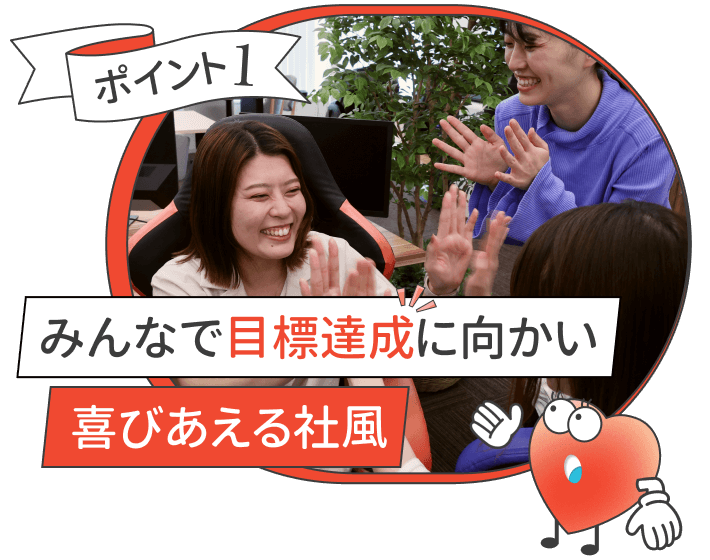 ポイント1
みんなで目標達成に向かい喜びあえる社風