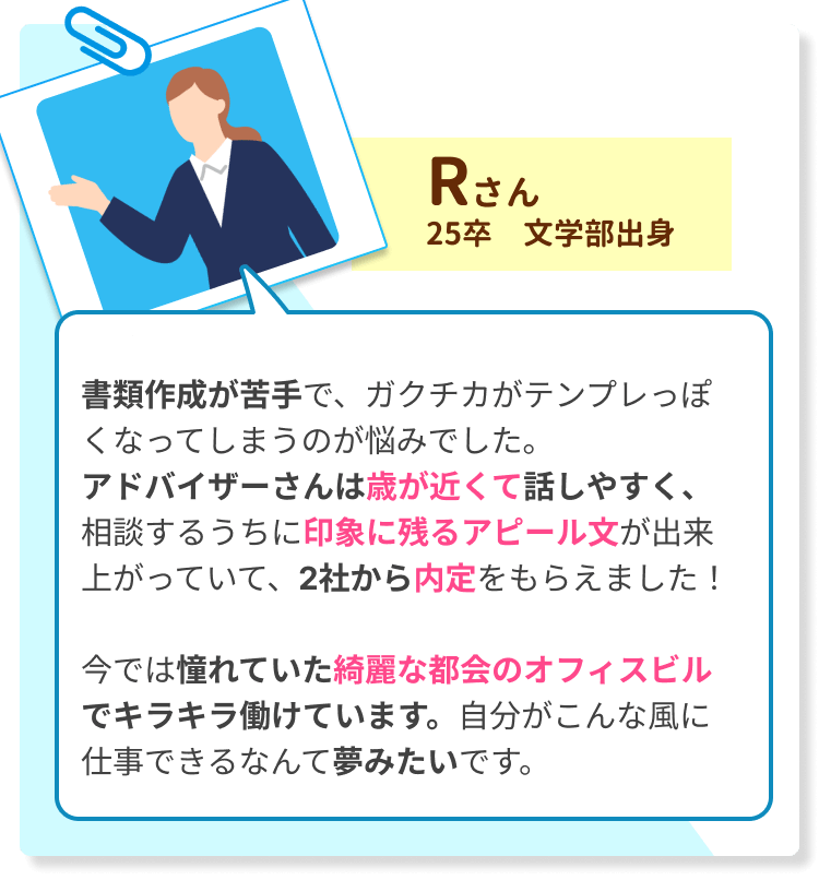 書類作成が苦手で、ガクチカがテンプレっぽくなってしまうのが悩みでした。 アドバイザーさんは歳が近くて話しやすく、相談するうちに印象に残るアピール文が出来上がっていて、2社から内定をもらえました！ 　　 今では憧れていた綺麗な都会のオフィスビルでキラキラ働けています。自分がこんな風に仕事できるなんて夢みたいです。