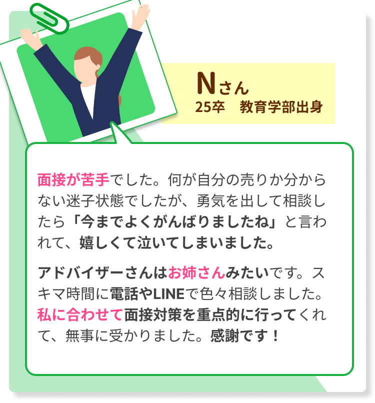 面接が苦手でした。何が自分の売りか分からない迷子状態でしたが、勇気を出して相談したら「今までよくがんばりましたね」と言われて、嬉しくて泣いてしまいました。 　　 アドバイザーさんはお姉さんみたいです。スキマ時間に電話やLINEで色々相談しました。 私に合わせて面接対策を重点的に行ってくれて、無事に受かりました。感謝です！
