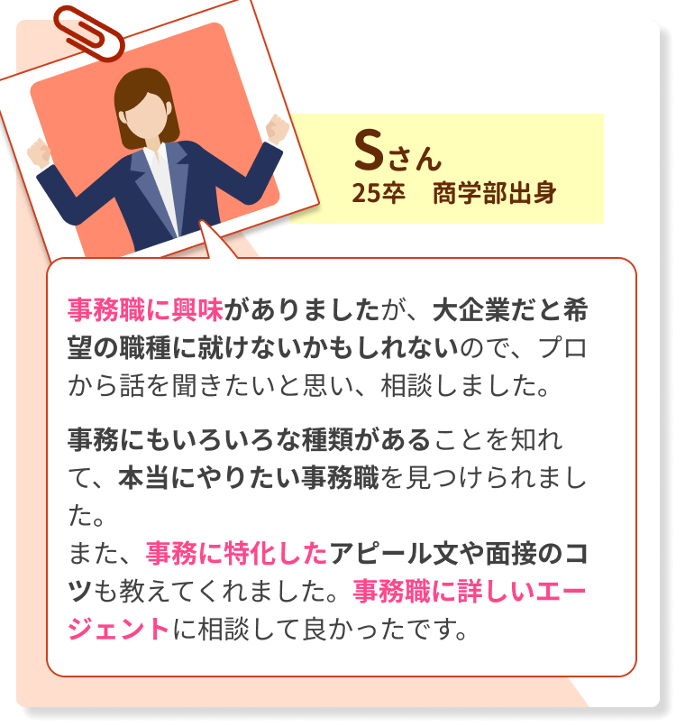 事務職に興味がありましたが、大企業だと希望の職種に就けないかもしれないので、プロから話を聞きたいと思い、相談しました。 　　 事務にもいろいろな種類があることを知れて、本当にやりたい事務職を見つけられました。 また、事務に特化したアピール文や面接のコツも教えてくれました。事務職に詳しいエージェントに相談して良かったです。