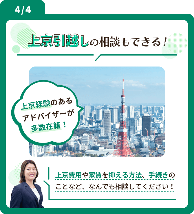 上京引越しの相談もできる！ 上京費用や家賃を抑える方法、手続きの ことなど、なんでも相談してください！