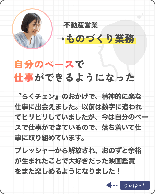 不動産営業→ものづくり業務自分のペースで仕事ができるようになった『らくチェン』のおかげで、精神的に余裕を持てる職場に出会えました。以前は数字に追われてピリピリしていましたが、今は自分のペースで仕事ができているので、落ち着いて仕事に取り組めています。プレッシャーから解放され、おのずと余裕が生まれたことで大好きだった映画鑑賞をまた楽しめるようになりました！
