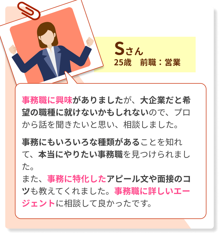 事務職に興味がありましたが、大企業だと希望の職種に就けないかもしれないので、プロから話を聞きたいと思い、相談しました。 　　 事務にもいろいろな種類があることを知れて、本当にやりたい事務職を見つけられました。 また、事務に特化したアピール文や面接のコツも教えてくれました。事務職に詳しいエージェントに相談して良かったです。