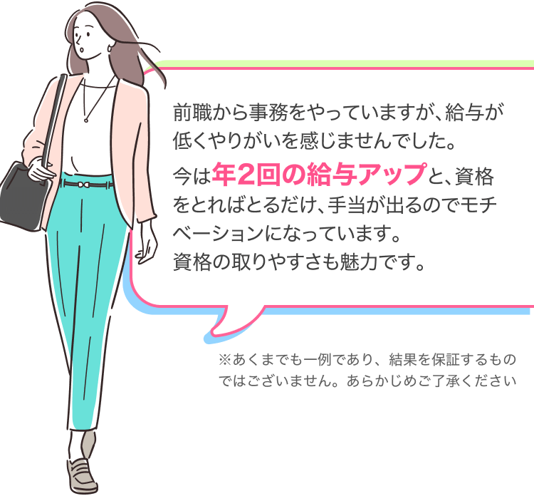前職から事務をやっていますが、給与が低くやりがいを感じませんでした。
今は年2回の給与アップと、資格をとればとるだけ、手当が出るのでモチベーションになっています。
資格の取りやすさも魅力です。

※あくまでも一例であり、結果を保証するものではございません。あらかじめご了承ください