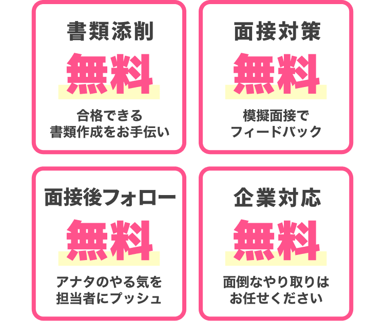 [書類添削]無料 合格できる書類作成をお手伝い｜[面接対策]無料 模擬面接でフィードバック｜[面接後フォロー]無料 アナタのやる気を担当者にプッシュ｜[企業対応]無料 面倒なやり取りはお任せください